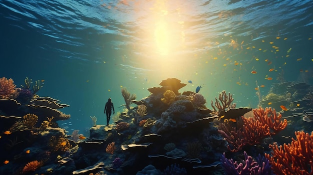 A person standing in a coral reef