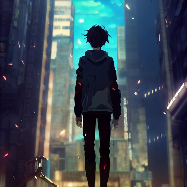 A person standing in a dark city looking at the sky