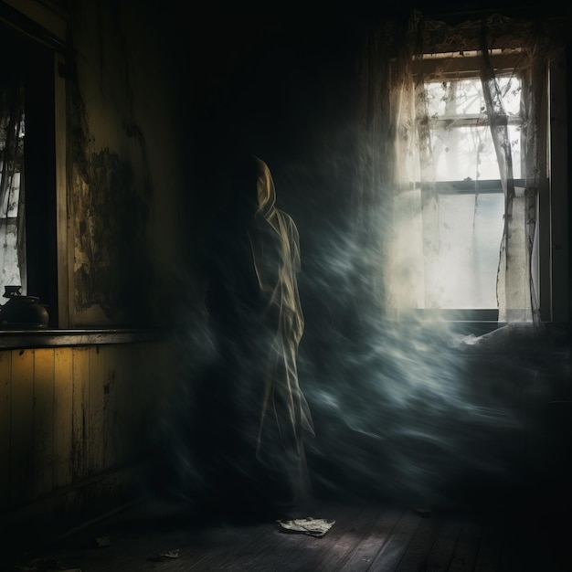 a person standing in a dark room with smoke coming out of the window