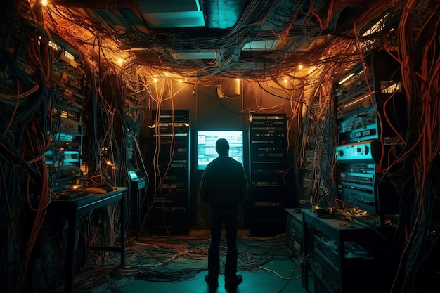 Person standing in dark server room with wires Hacker cyber assault in computing repository space Generate ai