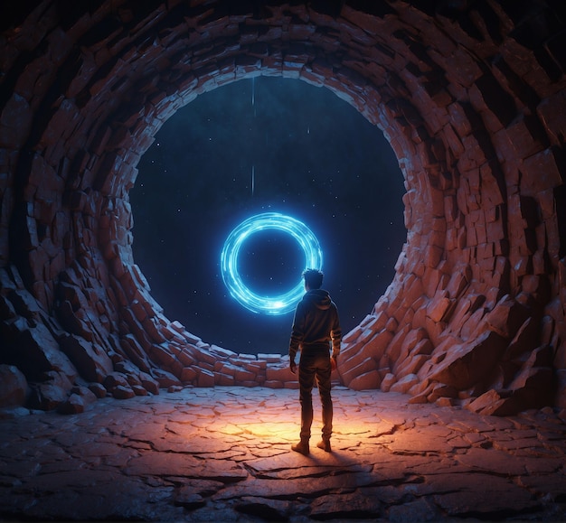 a person standing in a dark tunnel with a blue circle in the center