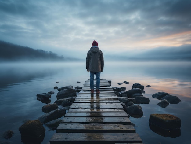 a person standing on a dock in front of a misty lake