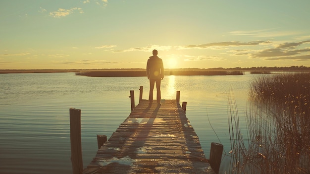 A person standing on a dock at sunset