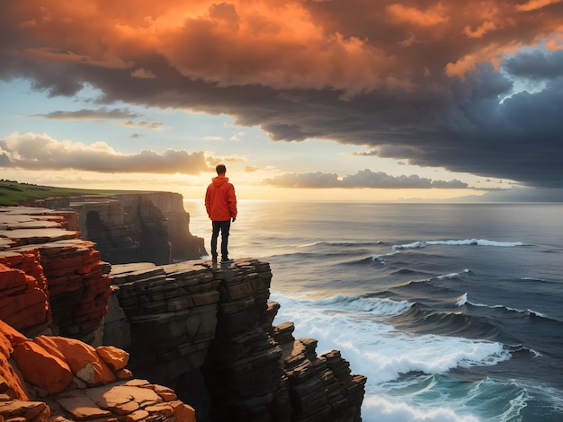 A person standing on the edge of a cliff overlooking the ocean