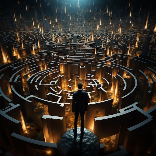 Person standing at the end of a maze of light in a dark room in the style of light silver and light azure