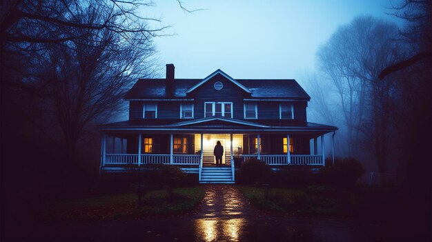 Photo person standing at the entrance of a house generated by ai