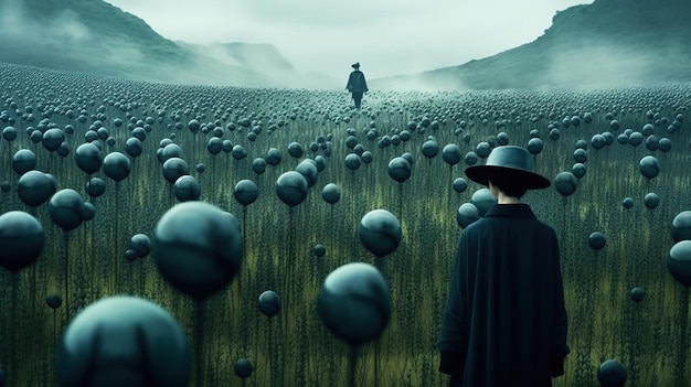 A person standing in a field of black balloons Generative AI Art