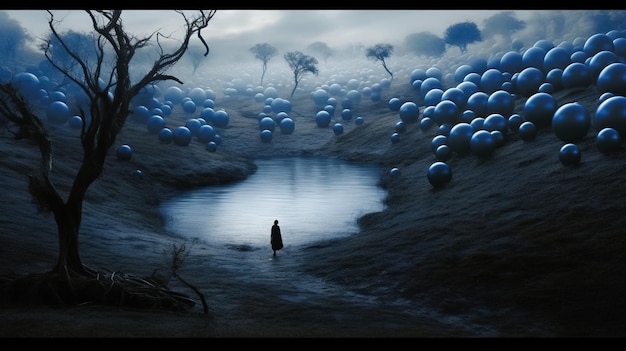 Photo a person standing in a field of blue balls generative ai art