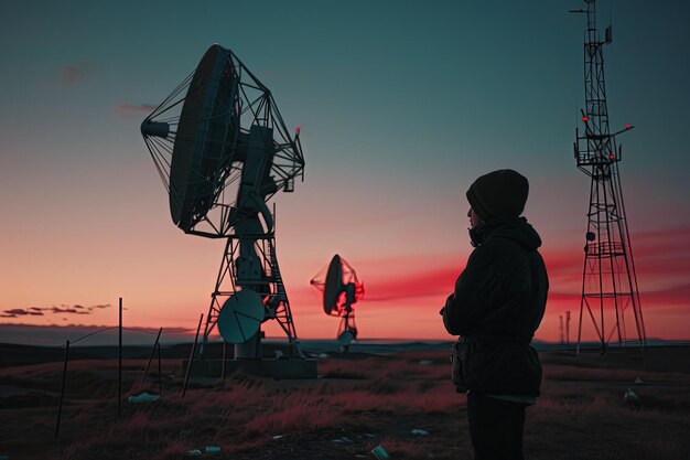 A person standing in a field next to a radio tower