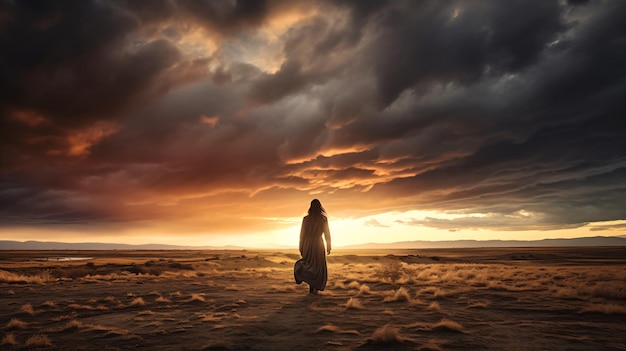 a person standing in a field with a cloudy sky