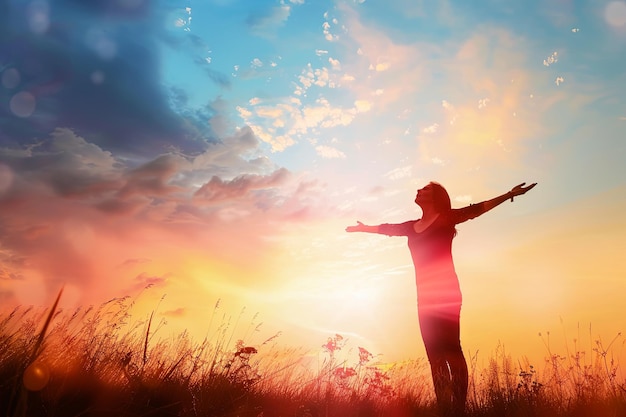 Photo person standing in field with outstretched arms