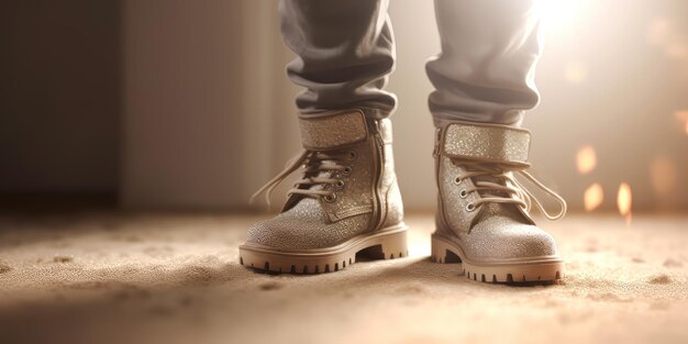 A person standing on a floor with a pair of shoes