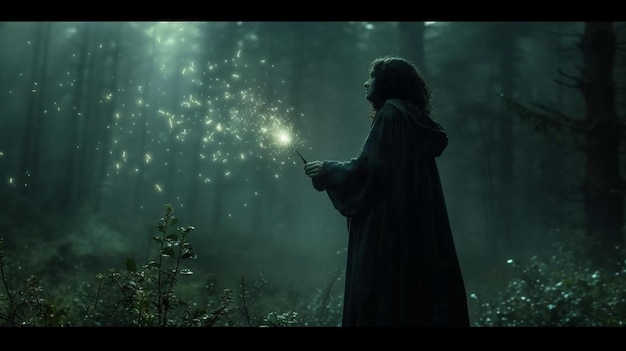 a person standing in a forest holding a wand