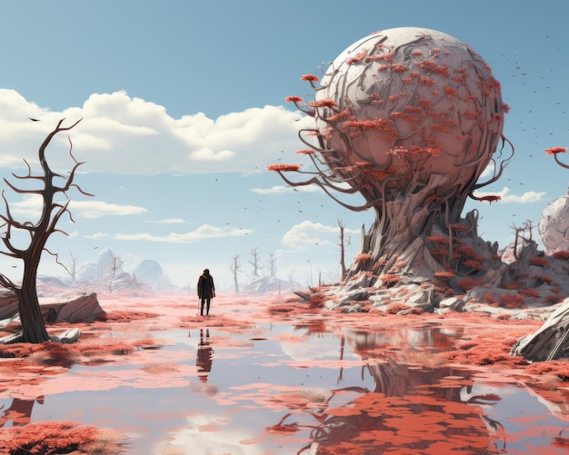 a person standing in front of an alien landscape