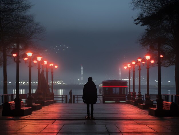 a person standing in front of a bridge at night