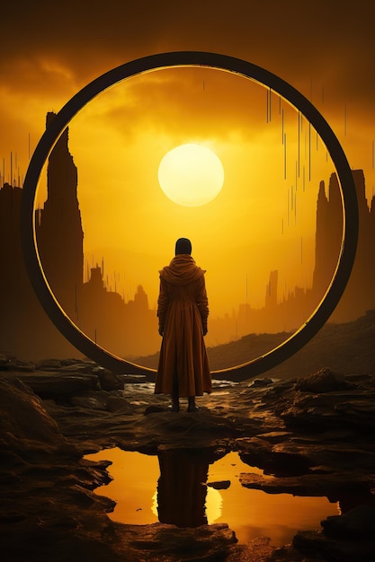 A person standing in front of a circle with a yellow sun in the background