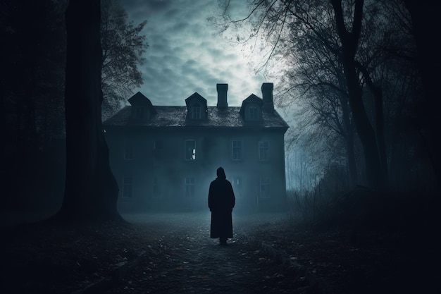 Person standing in front of creepy house in the dark of night Generative AI