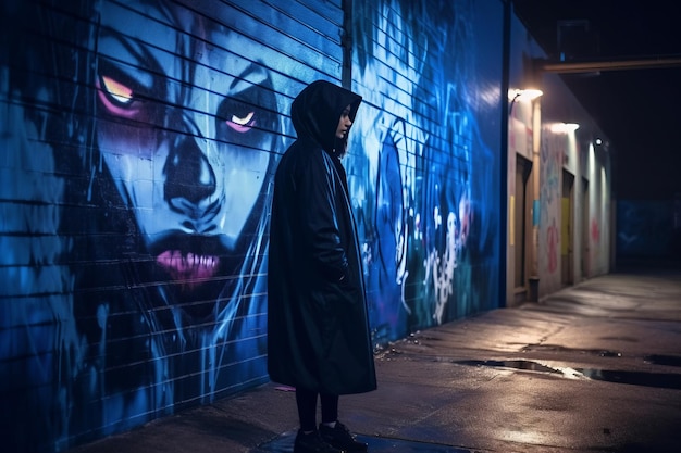 A person standing in front of a graffiti wall at night