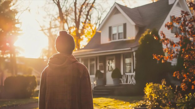 A person standing in front of a house in the fall