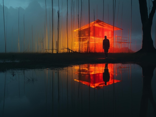 a person standing in front of a house in the middle of a forest