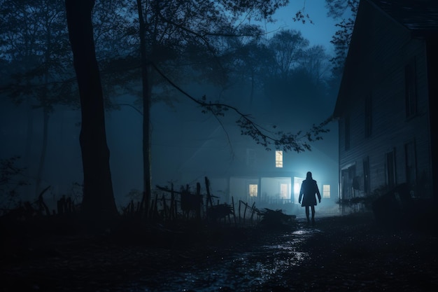 a person standing in front of a house at night