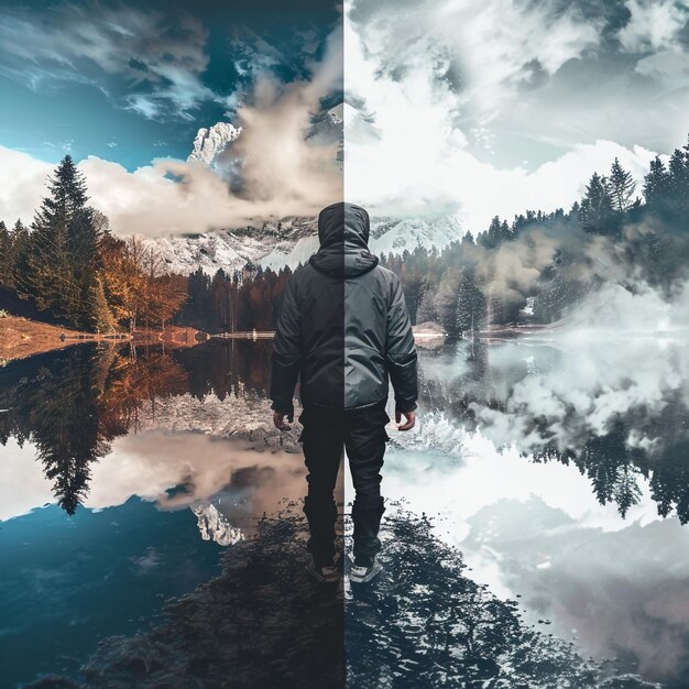 Foto una persona in piedi di fronte a un lago con un riflesso di una persona nell'acqua