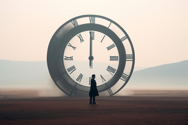 Foto una persona in piedi davanti a un grande orologio