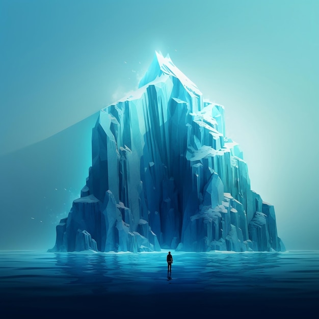 Photo a person standing in front of a large iceberg that says 