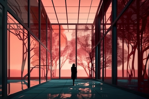Человек, стоящий перед большим окном. Генеративное изображение ИИ.