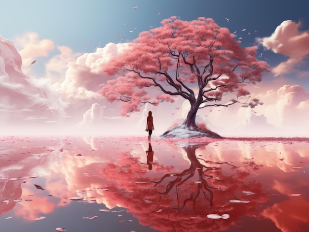 A person standing in front of a pink tree Generative AI