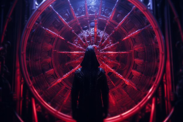 A person standing in front of a red circular door