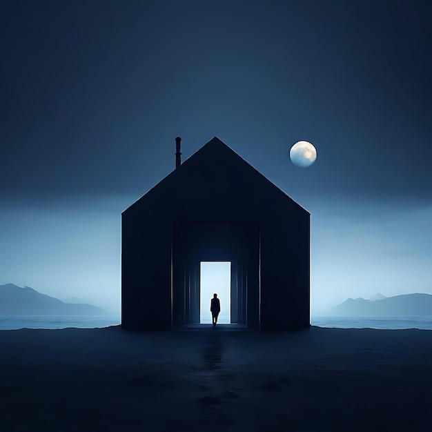 a person standing in front of a small building with a moon in the background