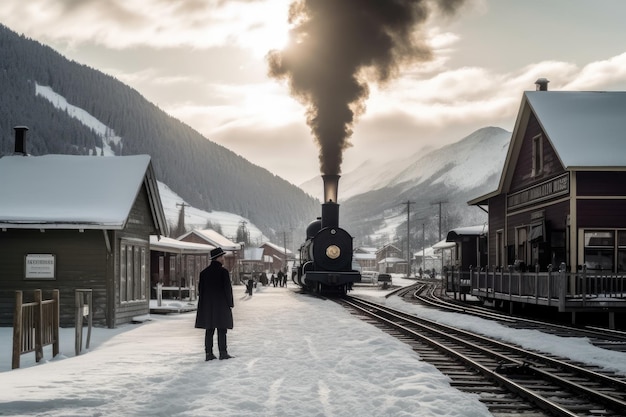 A person standing in front of a train in the snow