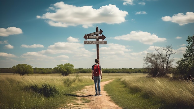 Photo person standing in front of a wooden signpost in the middle of a field