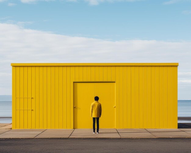 A person standing in front of a yellow building