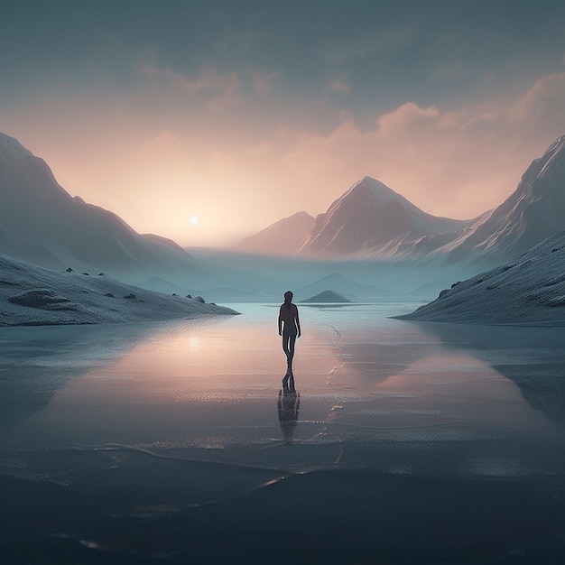 A person standing on a frozen lake with mountains in the background.