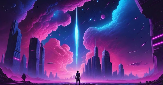 A person standing on a futuristic platform looking at a vibrant alien sky with pink and blue hues