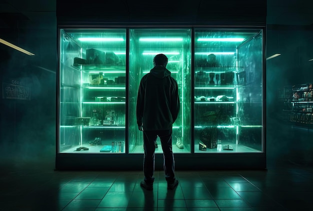 person standing next to the glass refrigerator in a supermarket in the style of dark emerald and