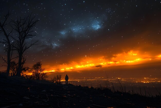 a person standing on a hill looking at a city at night