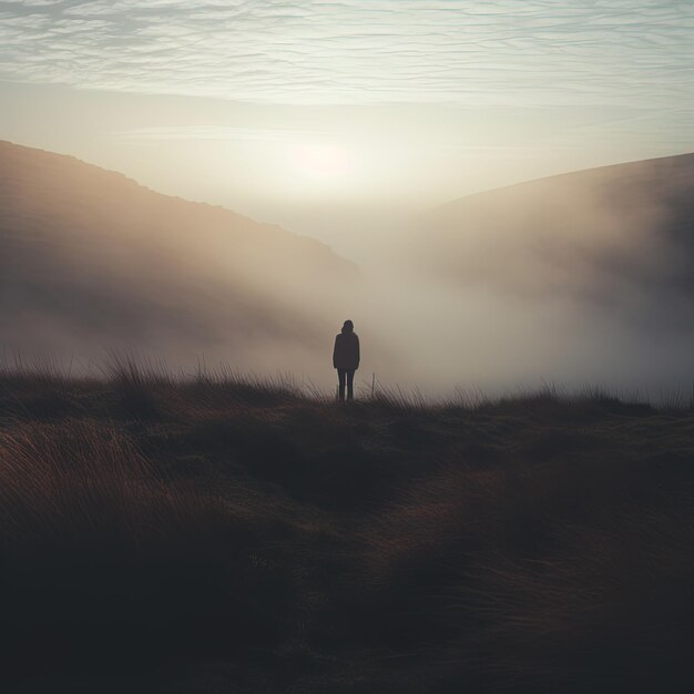 Foto una persona in piedi su una collina con il sole che splende dietro di loro