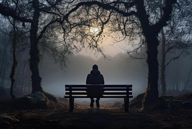 Фото Человек, стоящий в лесу на деревянной скамейке в стиле эмоциональных и драматических сцен
