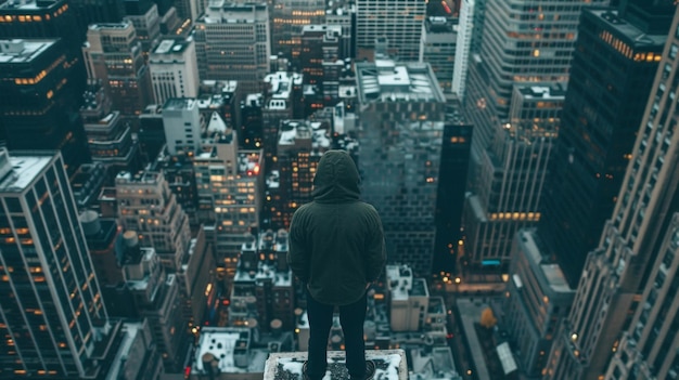 Photo a person standing on a ledge looking down at the city below with a mix of fear and excitement on