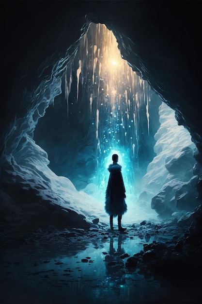 Person standing in the middle of a cave generative ai