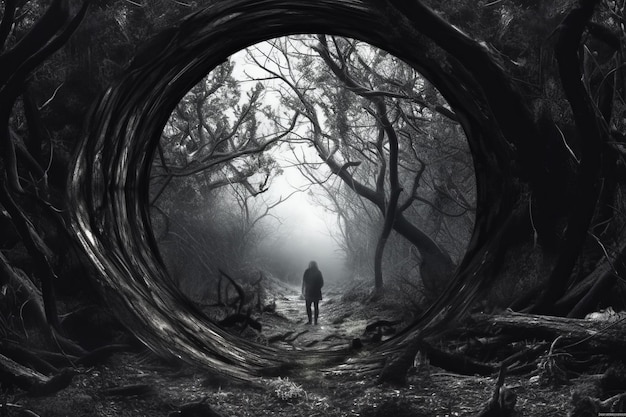 A person standing in the middle of a dark forest