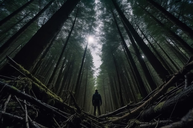 A person standing in the middle of a dark forest