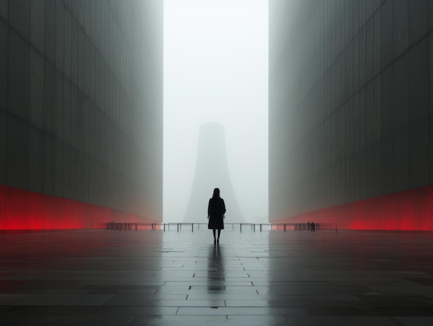 a person standing in the middle of a foggy building