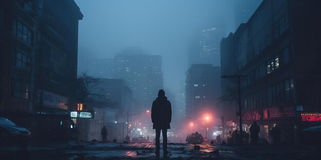 A person standing in the middle of a foggy city