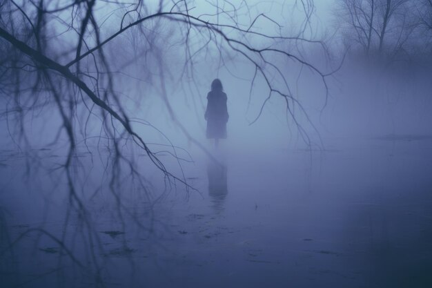 A person standing in the middle of a foggy river