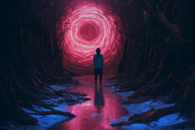 Photo a person standing in the middle of a forest with a red light coming out of the ground