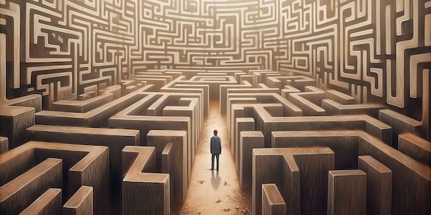 a person standing in the middle of a labyrinth that has a light at the end of it